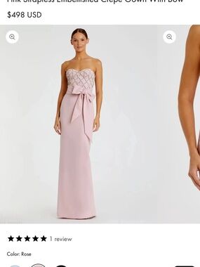 Mac Duggal Pink Strapless Satin Gown with Beaded Corset Bodice and Bow